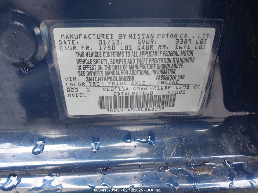 2013 Nissan Versa 1.6 Sv VIN: 3N1CN7AP6DL868258 Lot: 41573140
