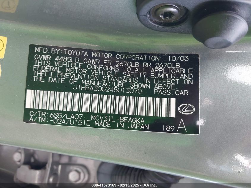 2004 Lexus Es 330 VIN: JTHBA30G245013070 Lot: 41573169