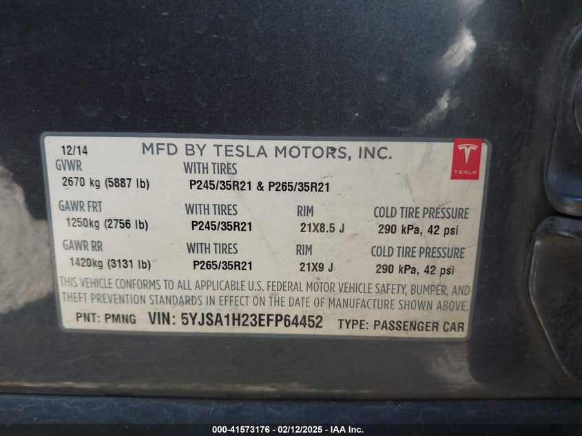 2014 TESLA MODEL S VIN: 5YJSA1H23EFP64452