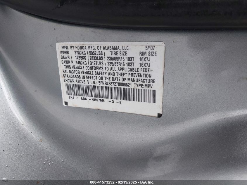 2007 Honda Odyssey Ex-L VIN: 5FNRL38727B086621 Lot: 41573292