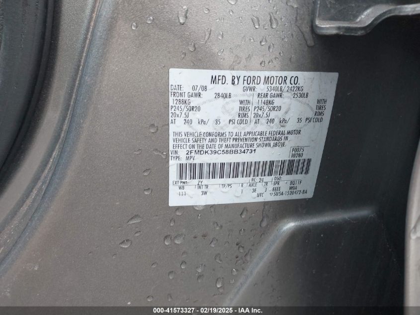 2008 Ford Edge Limited VIN: 2FMDK39C58BB34731 Lot: 41573327