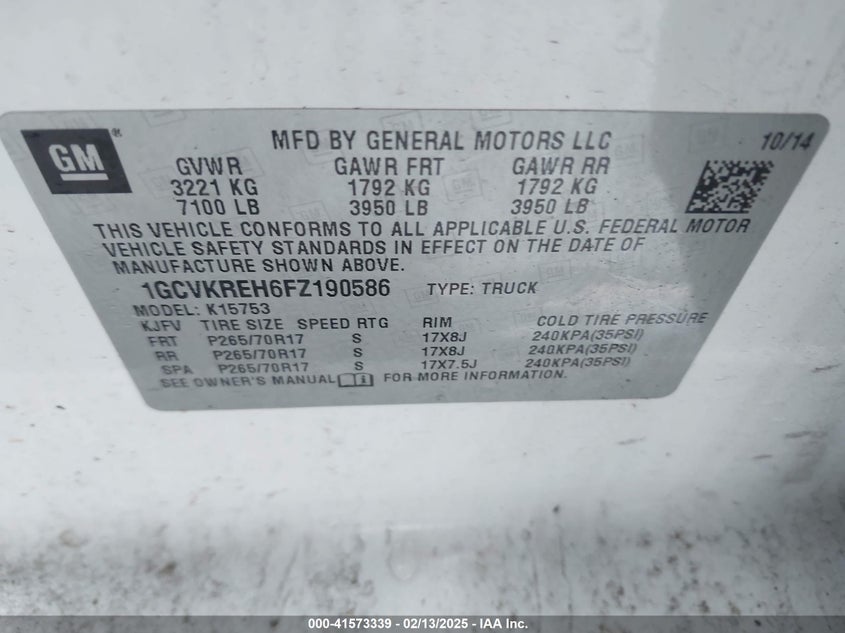 2015 CHEVROLET SILVERADO 1500 VIN: 1GCVKREH6FZ190586