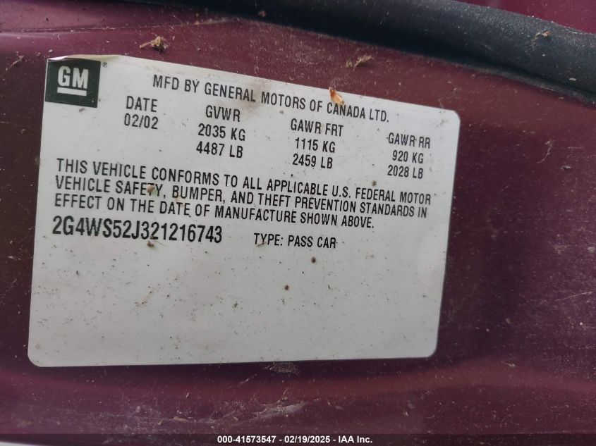 2002 Buick Century Custom VIN: 2G4WS52J321216743 Lot: 41573547