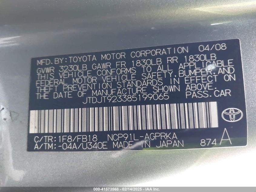 2008 Toyota Yaris VIN: JTDJT923385199065 Lot: 41573568