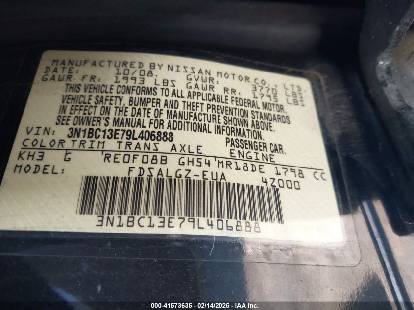 2009 Nissan Versa 1.8Sl VIN: 3N1BC13E79L406888 Lot: 41573635