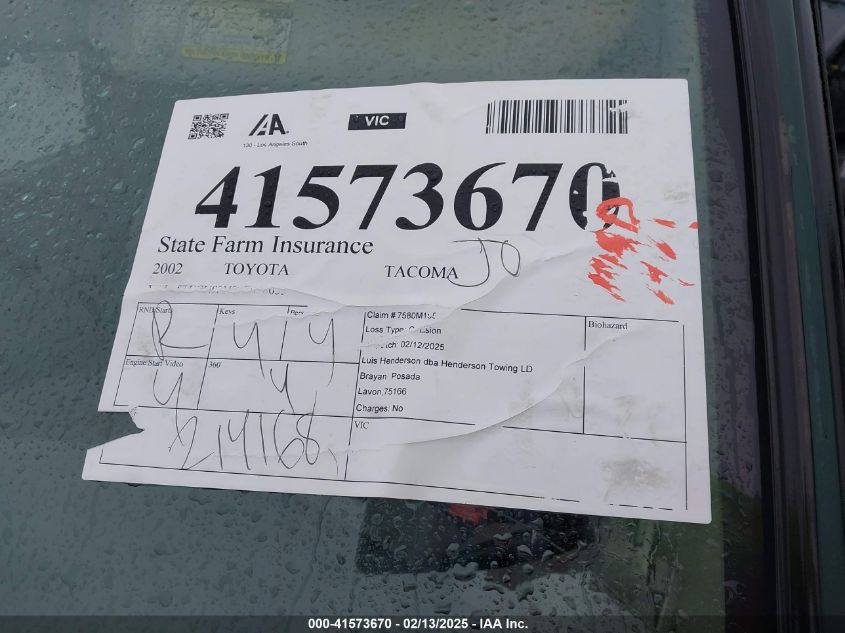 2002 Toyota Tacoma Prerunner V6 VIN: 5TEGN92N32Z098053 Lot: 41573670