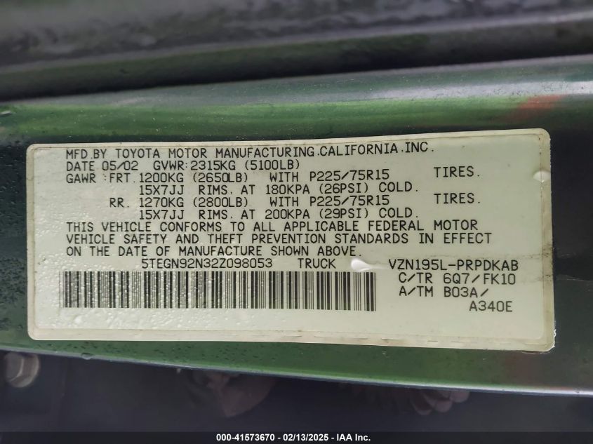 2002 Toyota Tacoma Prerunner V6 VIN: 5TEGN92N32Z098053 Lot: 41573670