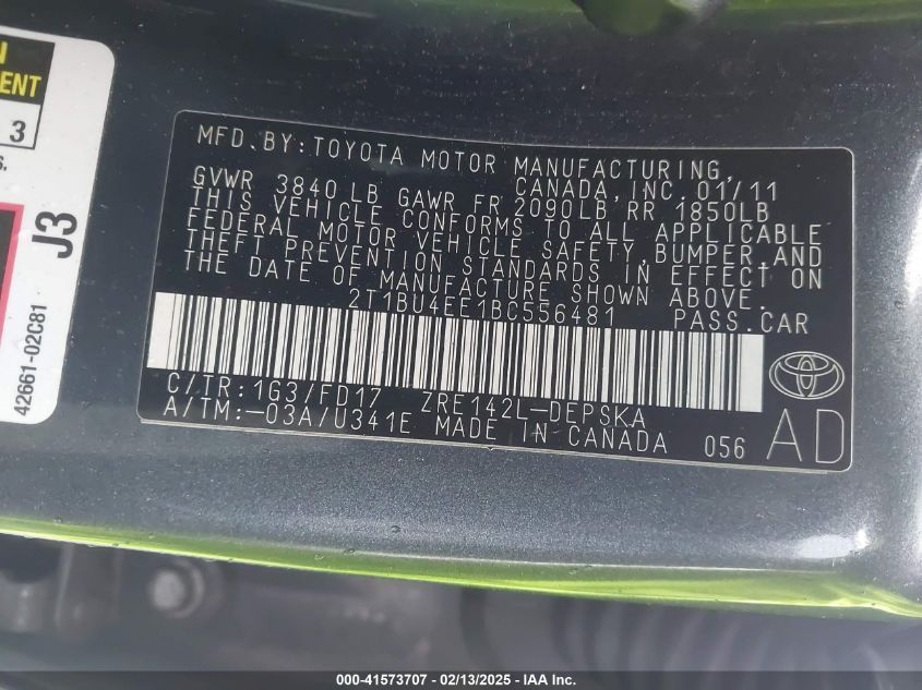 2011 Toyota Corolla S VIN: 2T1BU4EE1BC556481 Lot: 41573707