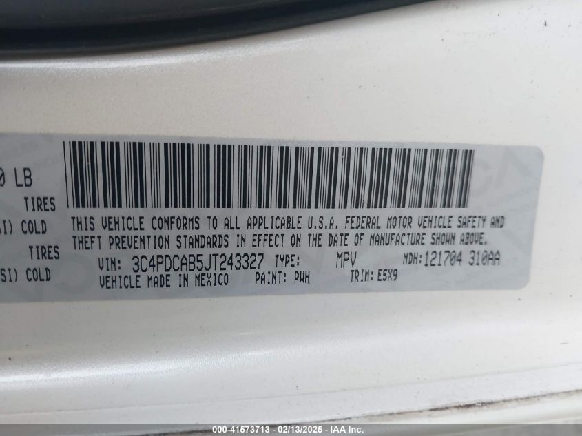 2018 Dodge Journey Se VIN: 3C4PDCAB5JT243327 Lot: 41573713