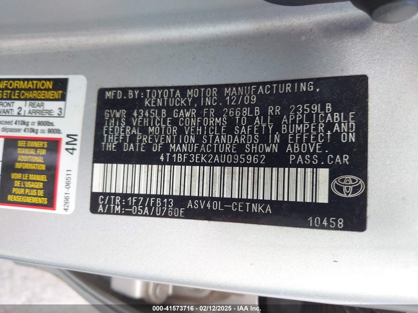 2010 TOYOTA CAMRY VIN: 4T1BF3EK2AU095962