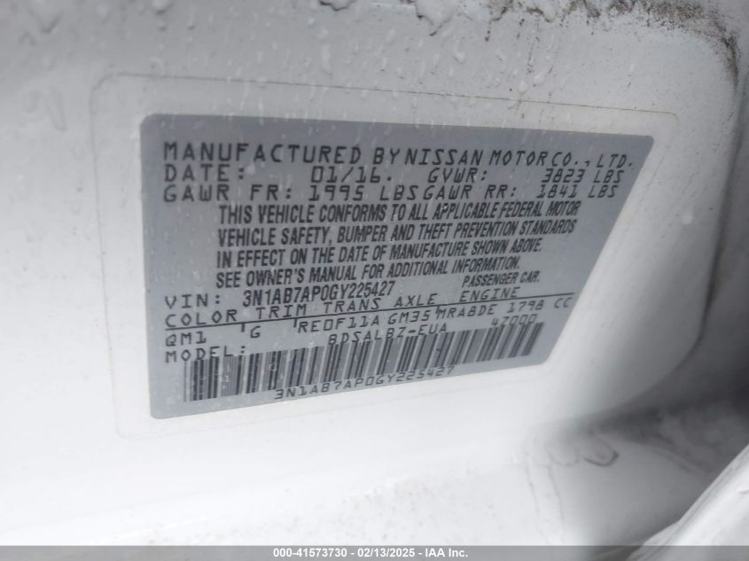 2016 Nissan Sentra S VIN: 3N1AB7AP0GY225427 Lot: 41573730