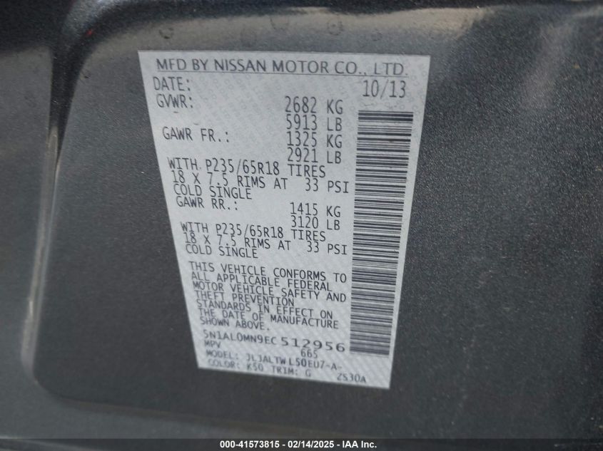 2014 Infiniti Qx60 VIN: 5N1AL0MN9EC512956 Lot: 41573815