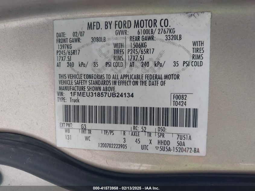 2007 Ford Explorer Sport Trac Xlt VIN: 1FMEU31857UB24134 Lot: 43455608