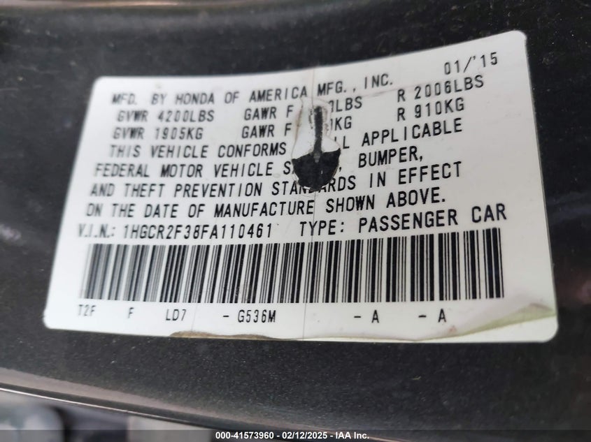 2015 HONDA ACCORD VIN: 1HGCR2F38FA110461