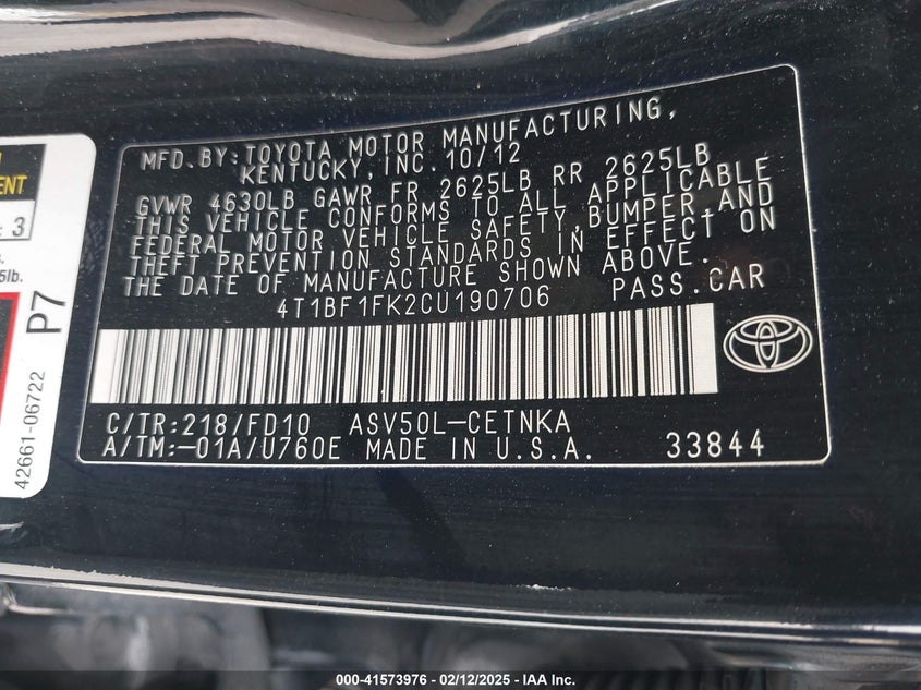 2012 Toyota Camry Le VIN: 4T1BF1FK2CU190706 Lot: 41573976