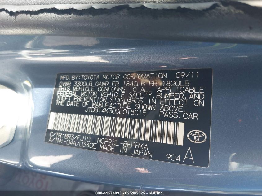 2012 Toyota Yaris VIN: JTDBT4K30CL018015 Lot: 41574093