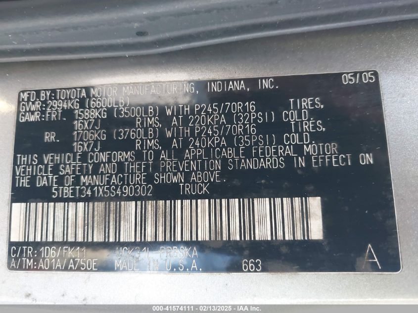 2005 Toyota Tundra Sr5 V8 VIN: 5TBET341X5S490302 Lot: 41574111