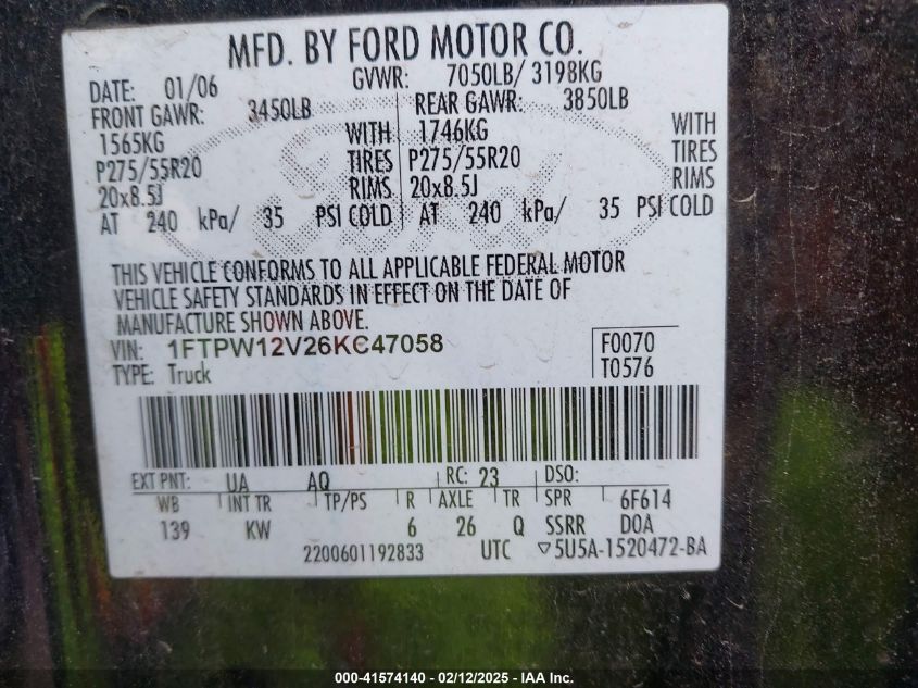 2006 Ford F-150 Lariat/Xlt VIN: 1FTPW12V26KC47058 Lot: 41574140