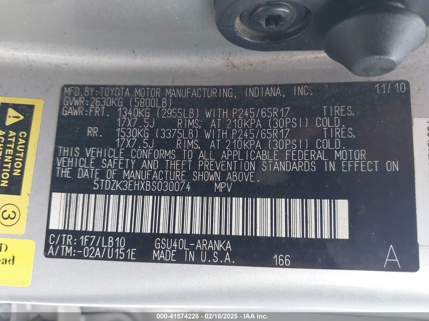 2011 Toyota Highlander Base V6/Se V6 VIN: 5TDZK3EHXBS030074 Lot: 41574228