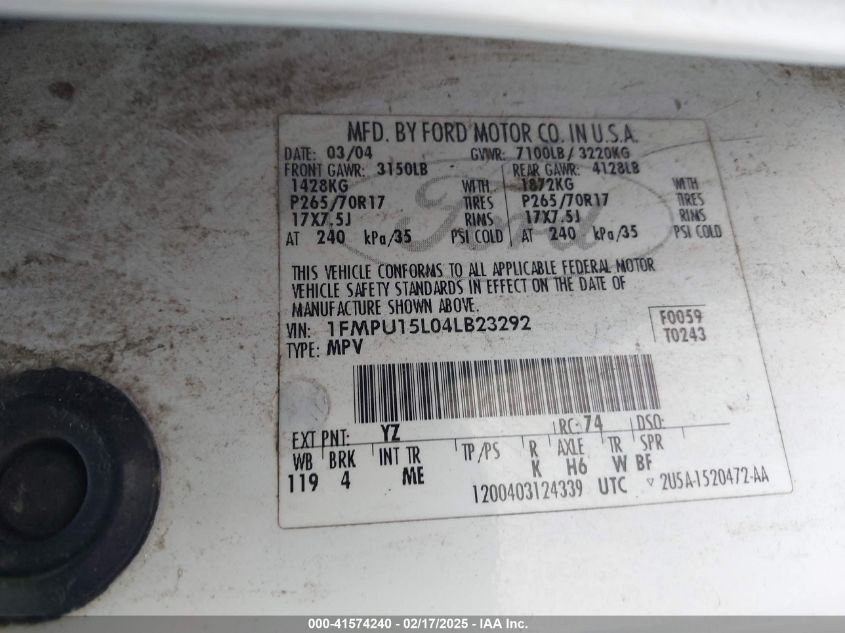 2004 Ford Expedition Xlt VIN: 1FMPU15L04LB23292 Lot: 41574240