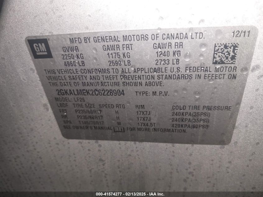 2012 GMC Terrain Sle-1 VIN: 2GKALMEK2C6228904 Lot: 41574277