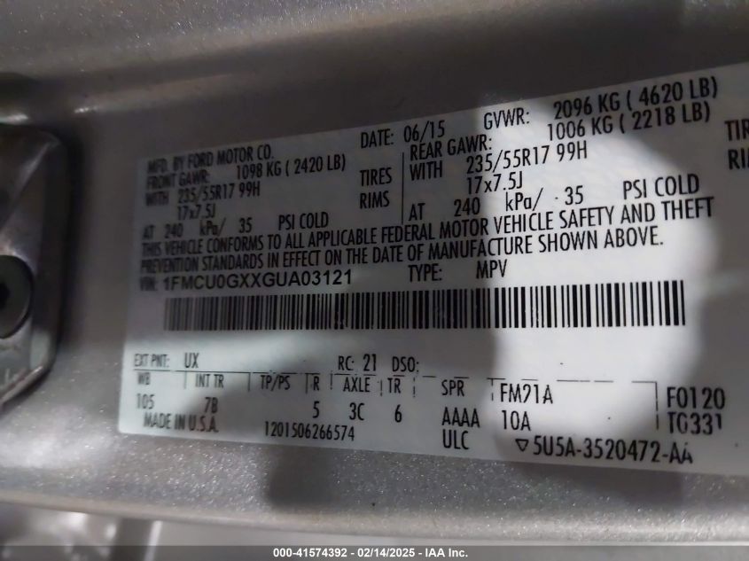 2016 Ford Escape Se VIN: 1FMCU0GXXGUA03121 Lot: 41574392