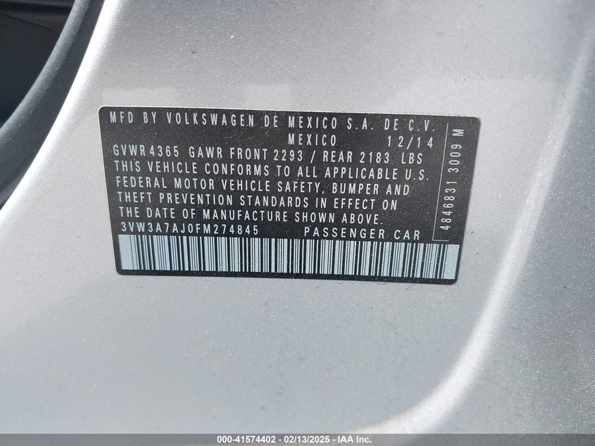 2015 VOLKSWAGEN JETTA VIN: 3VW3A7AJ0FM274845