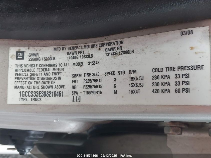 2008 Chevrolet Colorado Lt VIN: 1GCCS33E388210461 Lot: 41574466