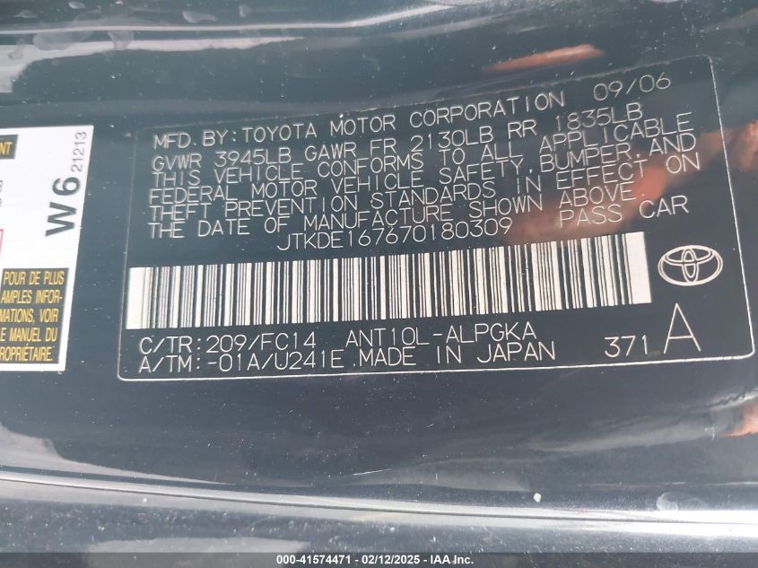 2007 Scion Tc VIN: JTKDE167670180309 Lot: 41574471