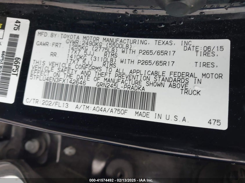 2015 TOYOTA TACOMA VIN: 5TFLU4EN3FX142646
