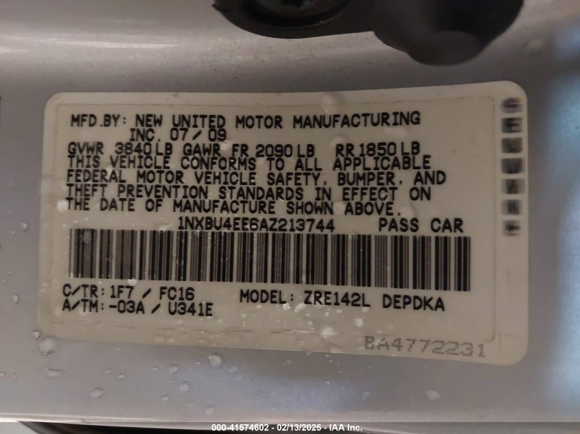 2010 TOYOTA COROLLA VIN: 1NXBU4EE6AZ213744