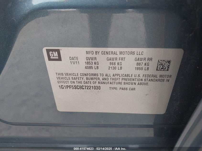 2012 CHEVROLET CRUZE VIN: 1G1PF5SC8C7221030
