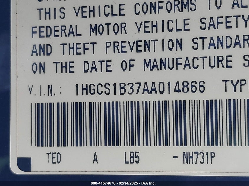 2010 HONDA ACCORD VIN: 1HGCS1B37AA014866