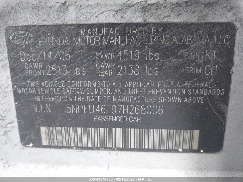 2007 HYUNDAI SONATA VIN: 5NPEU46F97H268006