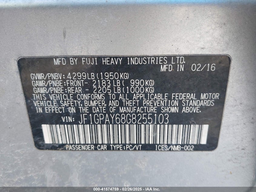 2016 Subaru Impreza 2.0I Sport Limited VIN: JF1GPAY68G8255103 Lot: 41574759