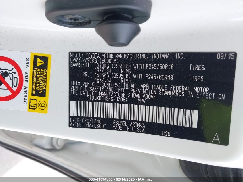 2015 Toyota Highlander Xle V6 VIN: 5TDJKRFH5FS207084 Lot: 41574860