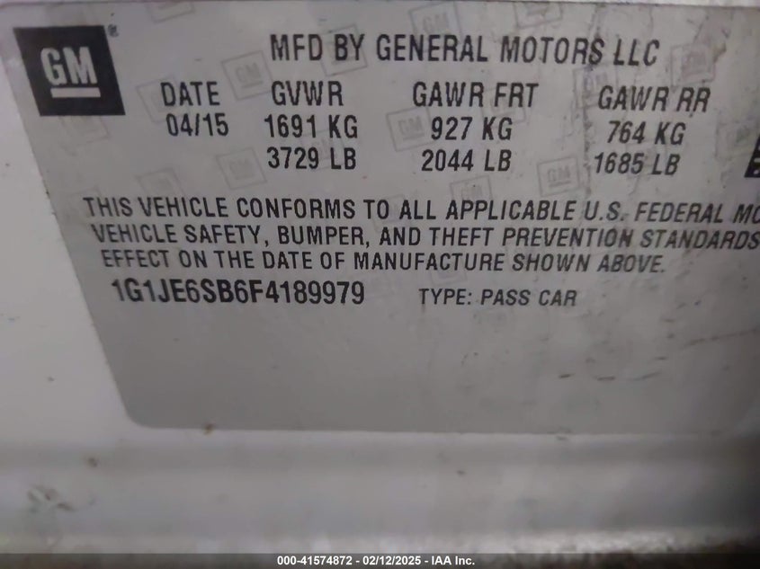 2015 CHEVROLET SONIC VIN: 1G1JE6SB6F4189979