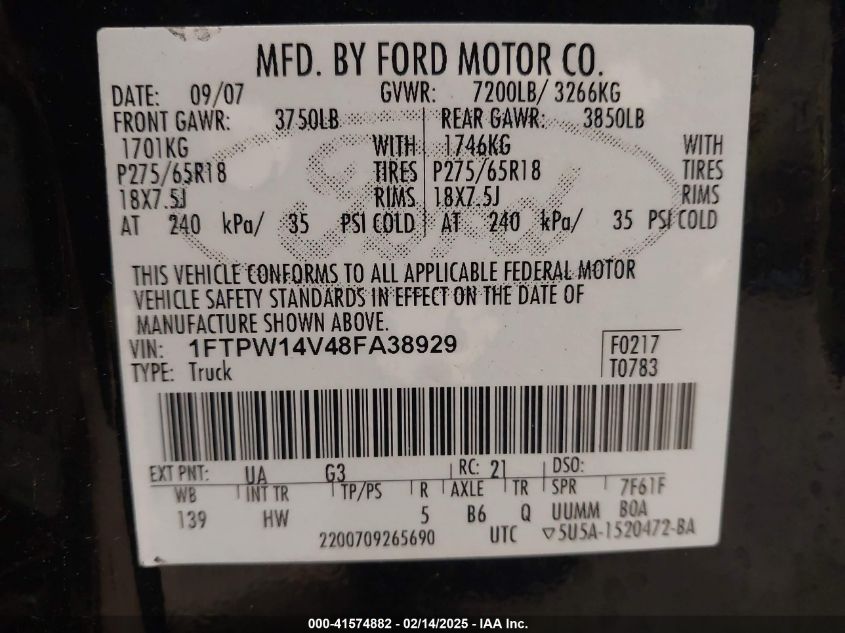 2008 Ford F-150 60Th Anniversary/Fx4/King Ranch/Lariat/Xlt VIN: 1FTPW14V48FA38929 Lot: 41574882