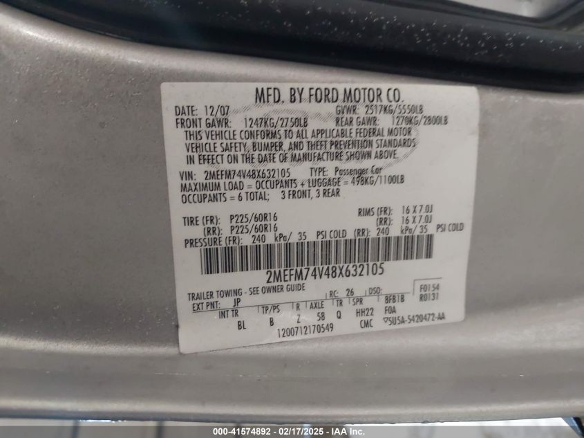 2008 Mercury Grand Marquis Gs VIN: 2MEFM74V48F632105 Lot: 41574892