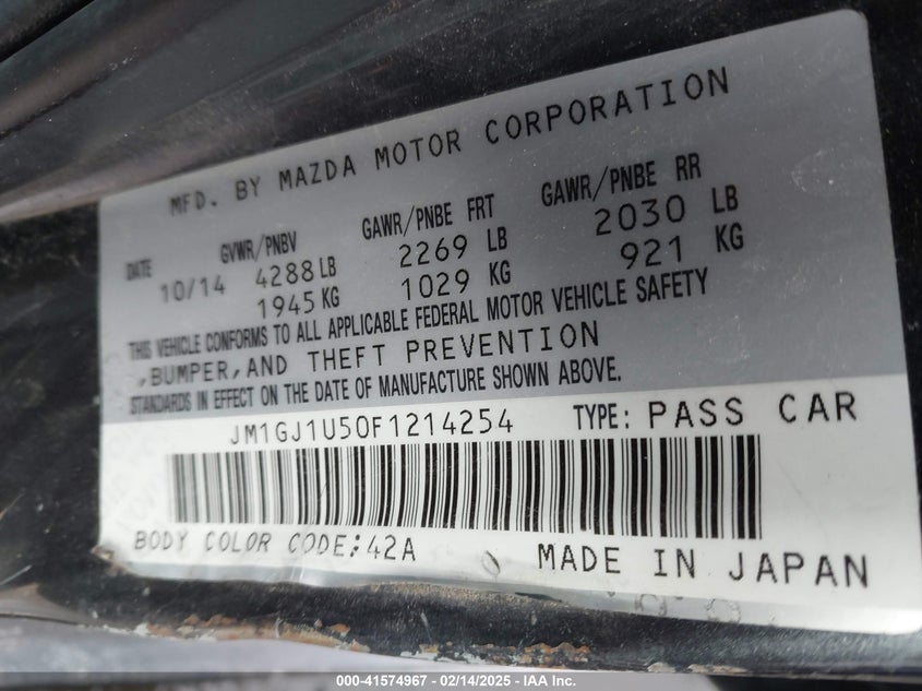 2015 MAZDA 6 VIN: JM1GJ1U50F1214254