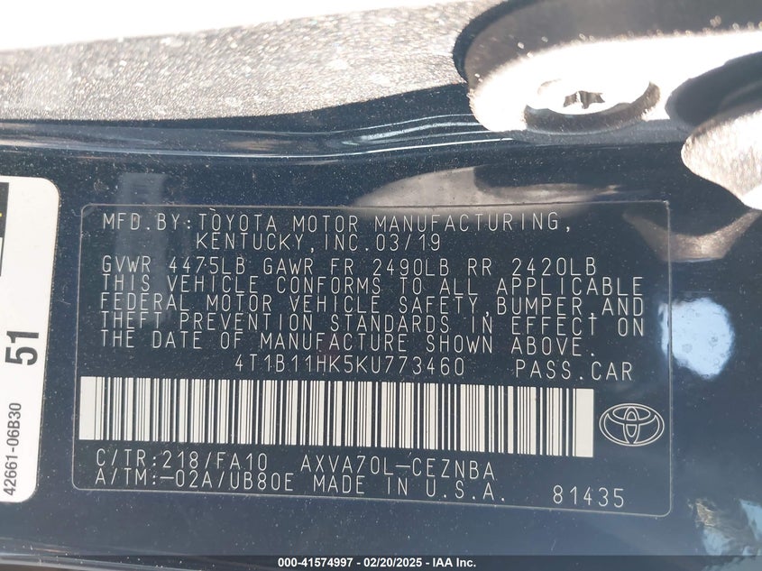 2019 TOYOTA CAMRY VIN: 4T1B11HK5KU773460
