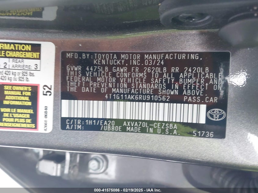 2024 TOYOTA CAMRY VIN: 4T1G11AK6RU910562