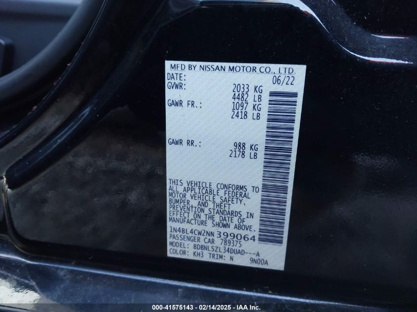 2022 Nissan Altima Sr Intelligent Awd VIN: 1N4BL4CW2NN399064 Lot: 41575143