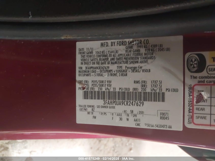 2012 FORD FUSION VIN: 3FAHP0JA9CR247629