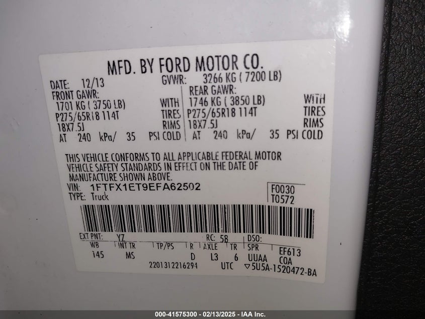2014 FORD F150 VIN: 1FTFX1ET9EFA62502