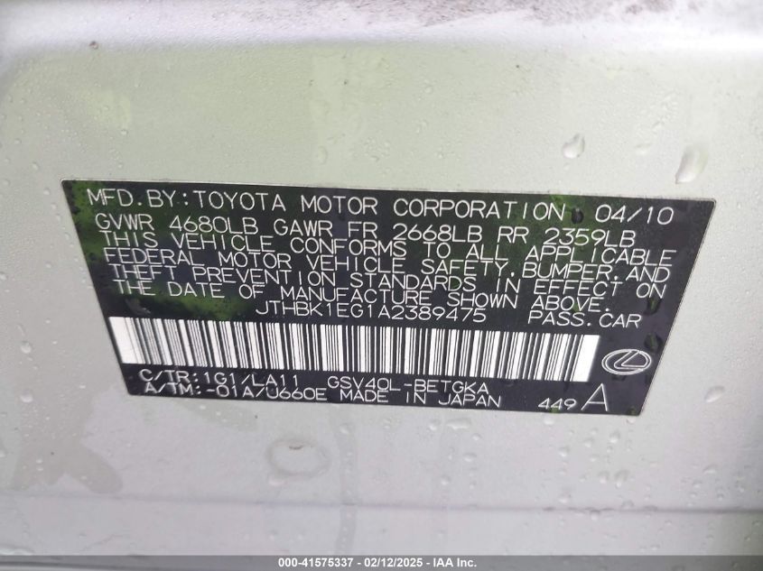 2010 Lexus Es 350 VIN: JTHBK1EG1A2389475 Lot: 41575337