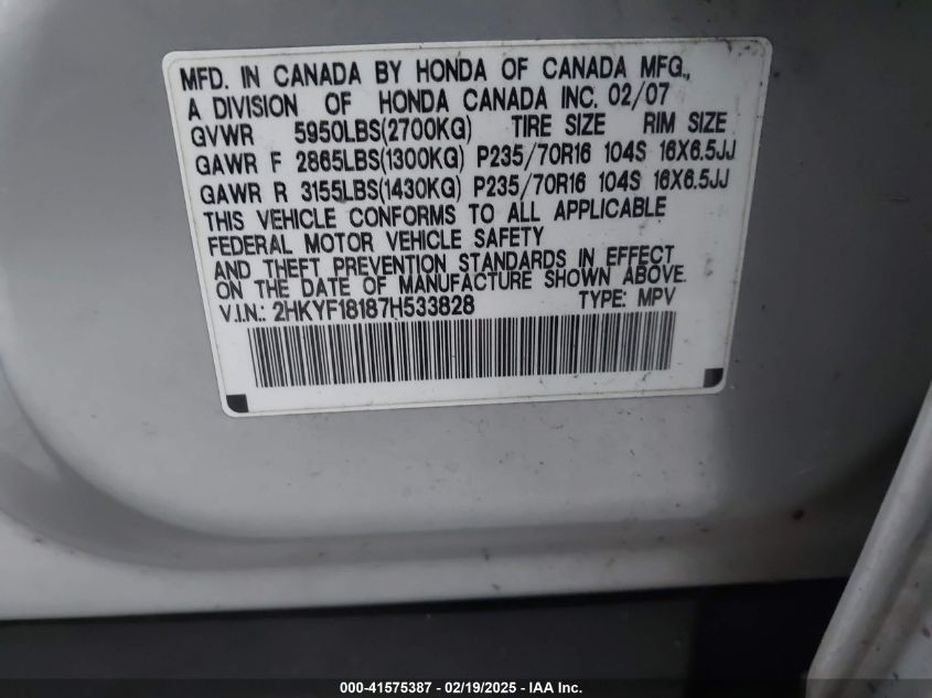 2007 Honda Pilot Lx VIN: 2HKYF18187H533828 Lot: 41575387