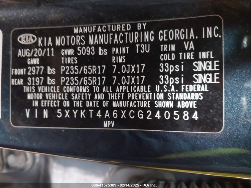 2012 Kia Sorento Lx VIN: 5XYKT4A6XCG240584 Lot: 41575389