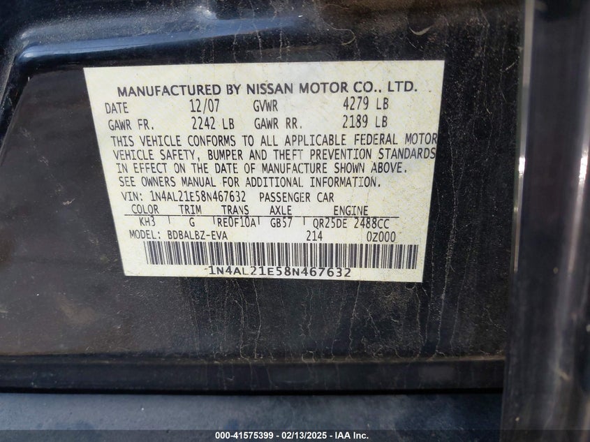 2008 NISSAN ALTIMA VIN: 1N4AL21E58N467632