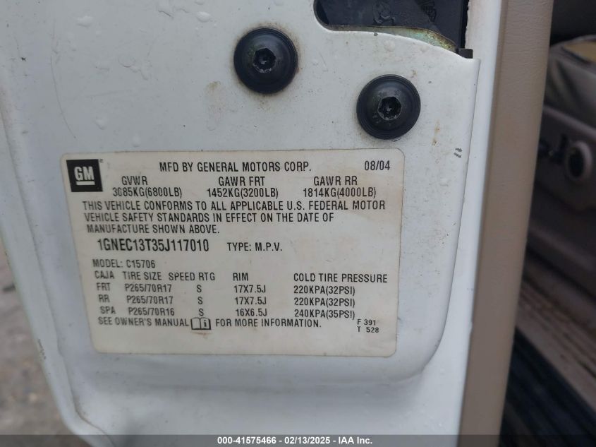 2005 Chevrolet Tahoe Lt VIN: 1GNEC13T35J117010 Lot: 41575466